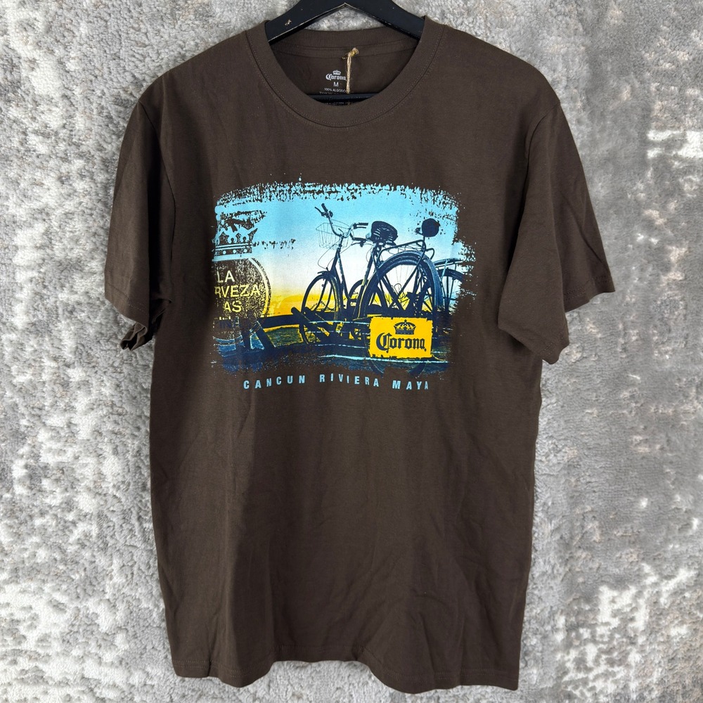 New Corona Size M Cancun Riviera Maya Bicycle Graphic T-Shirt Brown Men Tee